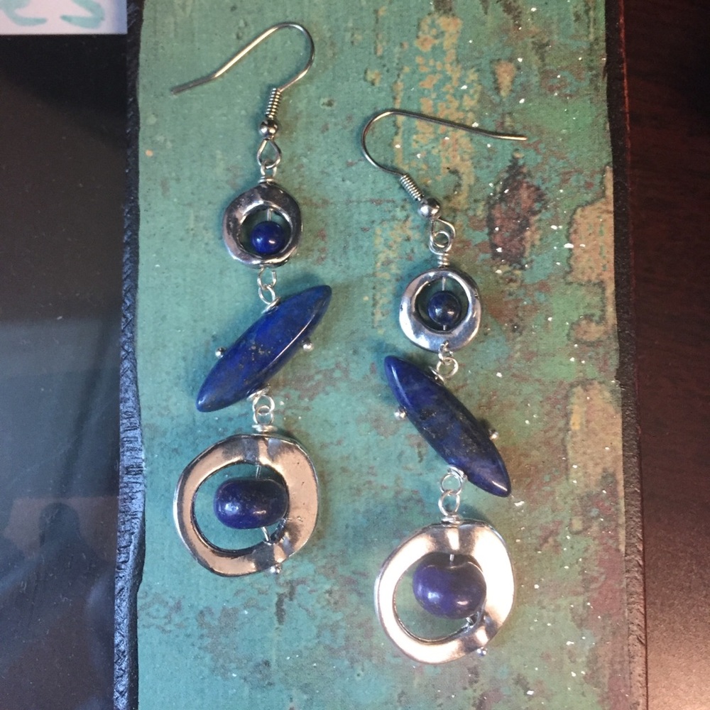 Silver Lapis Lazuli Asymmetrical Dangle Earrings